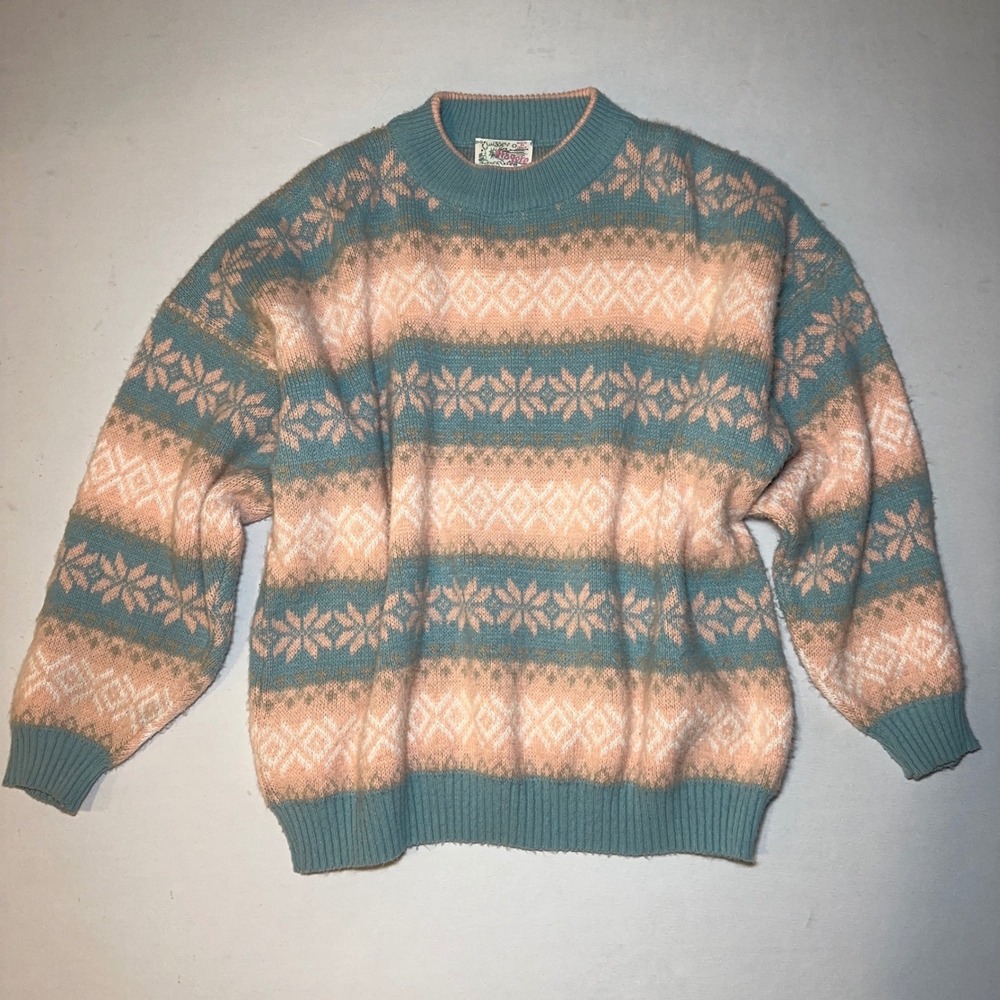 Vintage‎ Fragola Italy Sweater Large Pink Teal Fair Isle Knit Pastel Nordic